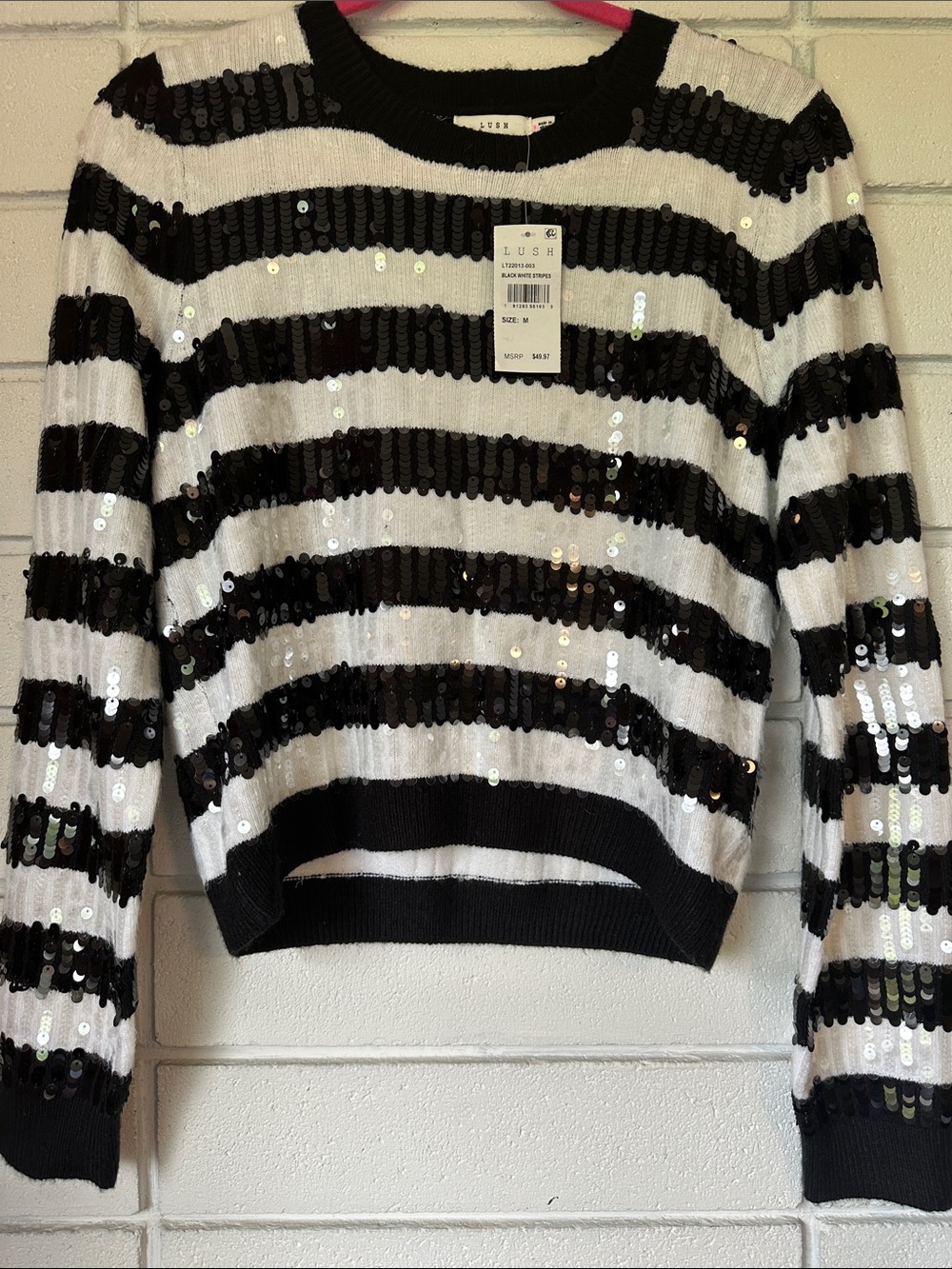 Lush Black & White Sequin Striped Crewneck Sweater